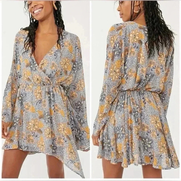 Free People Dresses & Skirts - Free People Gray and Mustard Floral Wrap Mini Dress
